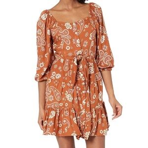 Angie Women's Long Sleeve Button Front Tie Peekaboo Dress, Brown